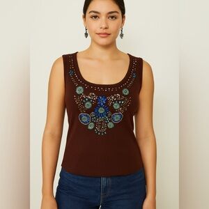 Jeweled Brown Rib Knit Tank Top Sleeveless Beaded Sequin Embellished Women’s M